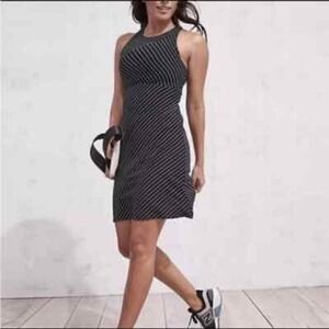 Athleta Santorini High Neck Dress Women's Size L‎ Black White Stripe Knee Length